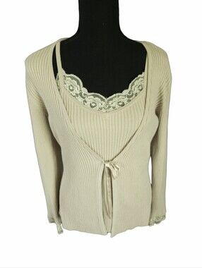 Y2K Lace Cami Layered Ribbed Tie Front Cardigan Sweater Sz M